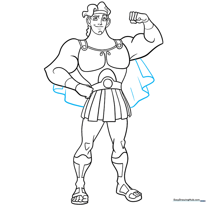 Finalizing the Hercules drawing with cape details and clean outlines.