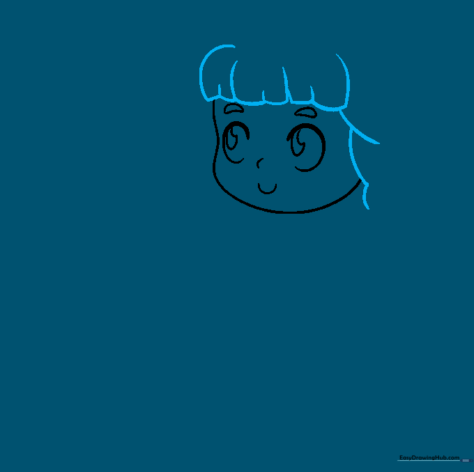 Drawing showing the addition of bangs and side hair sections framing Hermione's face.