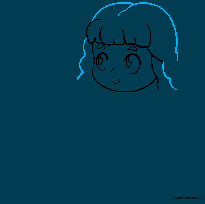 Detailed sketch of Hermione's hair, focusing on the part and flowing wavy lines.