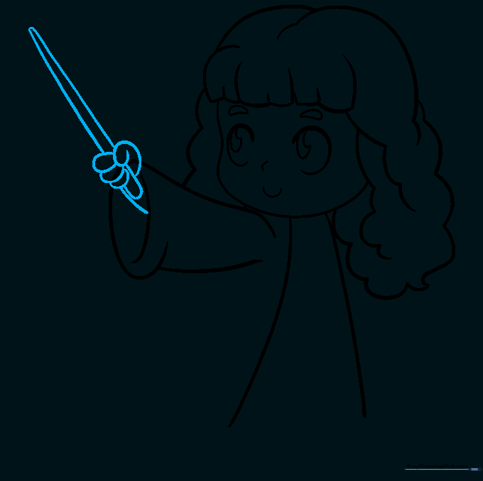 Close-up sketch of Hermione's hand holding her wand.