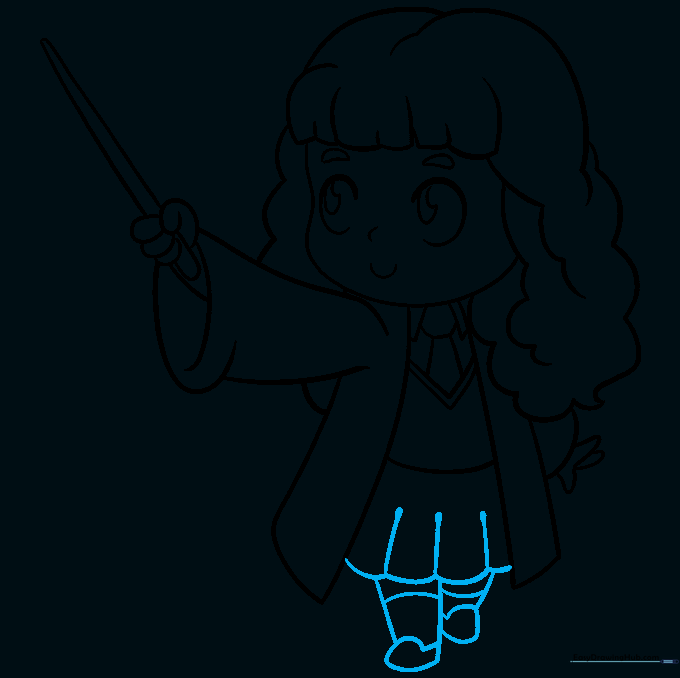 Finalizing the drawing by adding the skirt, legs, and school shoes.