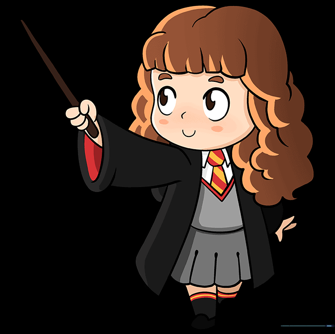 The completed, colored drawing of Hermione Granger in her school uniform.