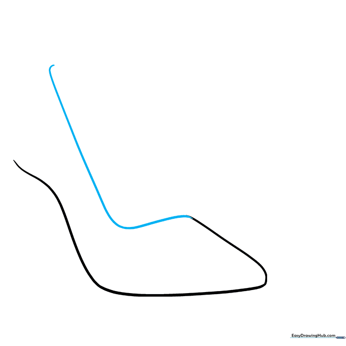 Drawing the upper section of the high heel shoe with a smooth curved line.