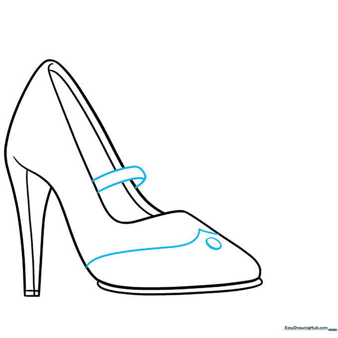 Adding decorative straps and toe box details to the high heel drawing.