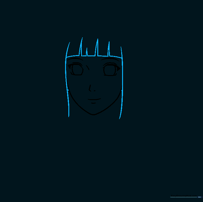 Drawing Hinata's hair strands and bangs using inverted V-shapes and long curves.