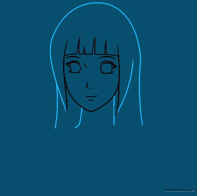 Completed head and neck sketch of Hinata Hyuga with hair volume added.