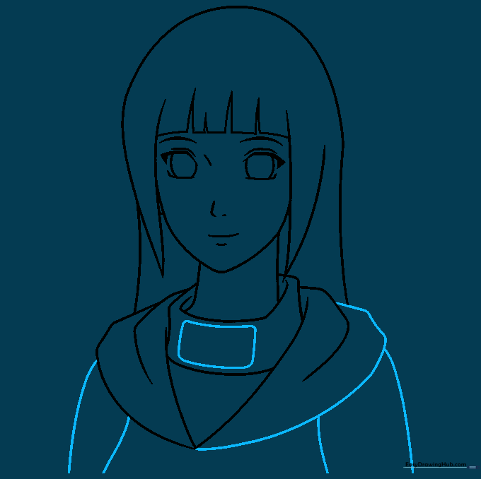 Sketching the shoulders, arms, and the rectangular detail on the collar.