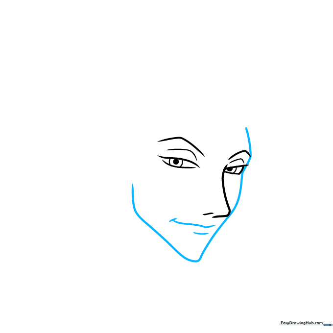 Sketch of Hisoka's face shape and mouth, emphasizing the sharp chin and smirk.
