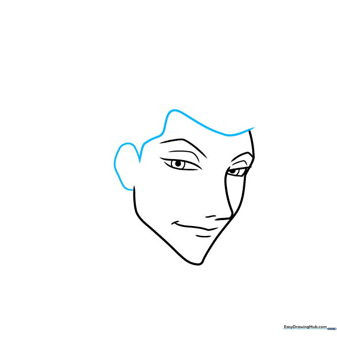Drawing the outline of the face, hairline, and ear for the Hisoka character portrait.