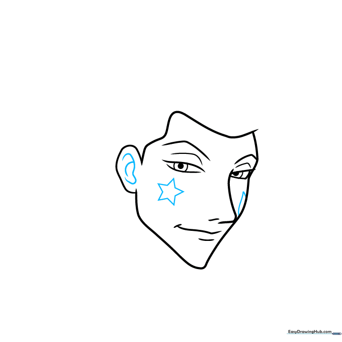 Adding the signature star and teardrop face paint markings to the Hisoka drawing.