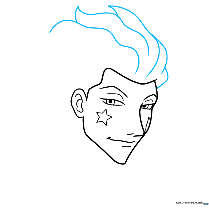 Sketching the initial spiky hair clumps for Hisoka's iconic hairstyle.