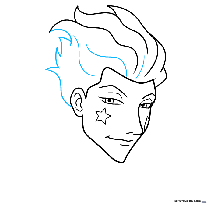 Adding more detail and volume to Hisoka's spiky hair using sharp, jagged lines.