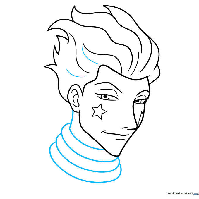 Drawing the detailed, multilayered collar of Hisoka's garment.