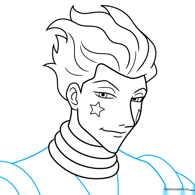 Finalizing the outline of Hisoka's shoulders and garment to complete the character sketch.