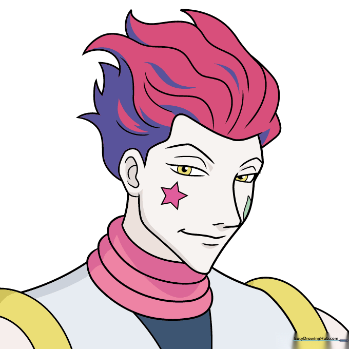 The completed, colored illustration of Hisoka from Hunter x Hunter.