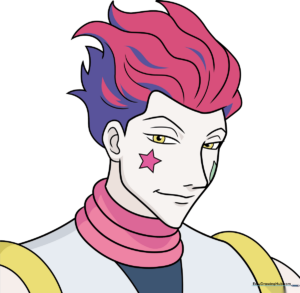 A vibrant, completed drawing of Hisoka from Hunter x Hunter, showcasing his iconic hair and face markings.