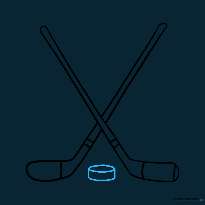 Crossed hockey sticks with a hockey puck placed between the blades.
