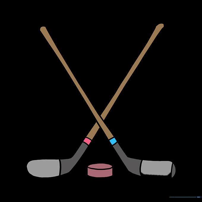 A finished, colored drawing of crossed hockey sticks and a puck.