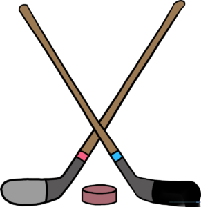 Colorful illustration of two crossed hockey sticks with a puck, set against a clean background.