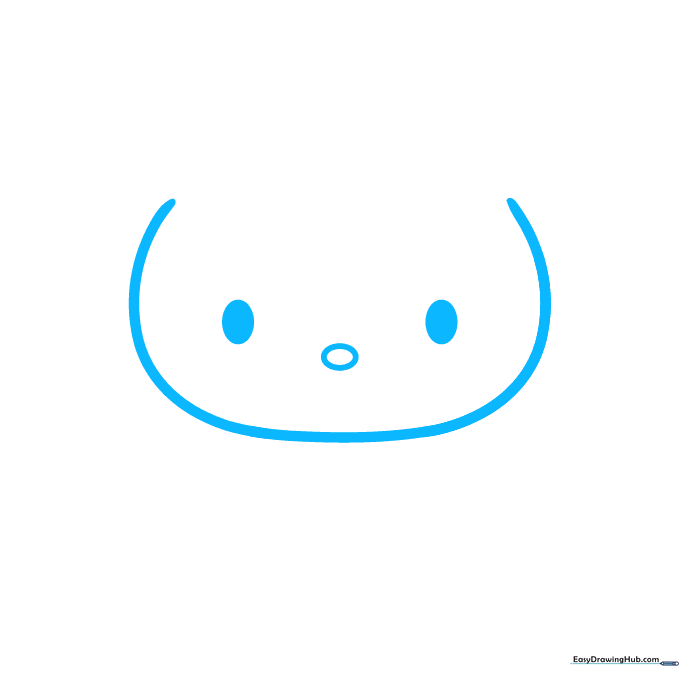 Pencil sketch of Hello Kitty's face showing eyes, nose, and rounded head outline.