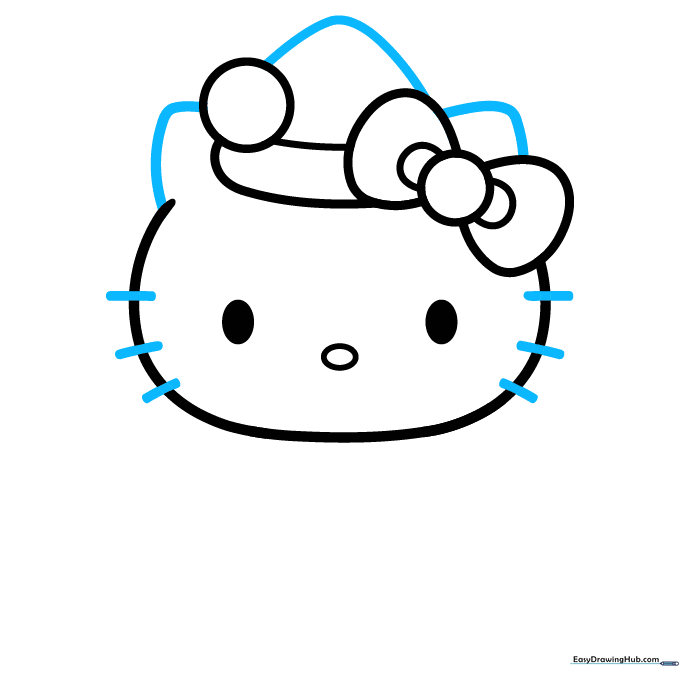 Adding ears, hat top, and whiskers to the Hello Kitty drawing.