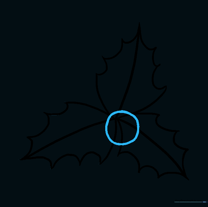 A single circular holly berry drawn at the center of the leaf cluster.