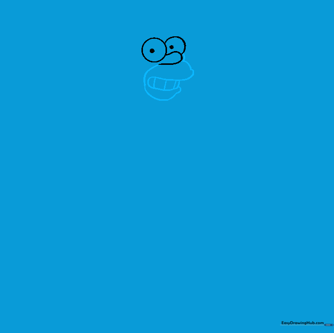 Drawing the mouth area of Homer Simpson with lips and small vertical teeth lines.