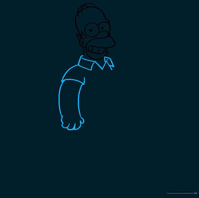 Adding the shirt collar, sleeve, and arm details to the Homer Simpson drawing.