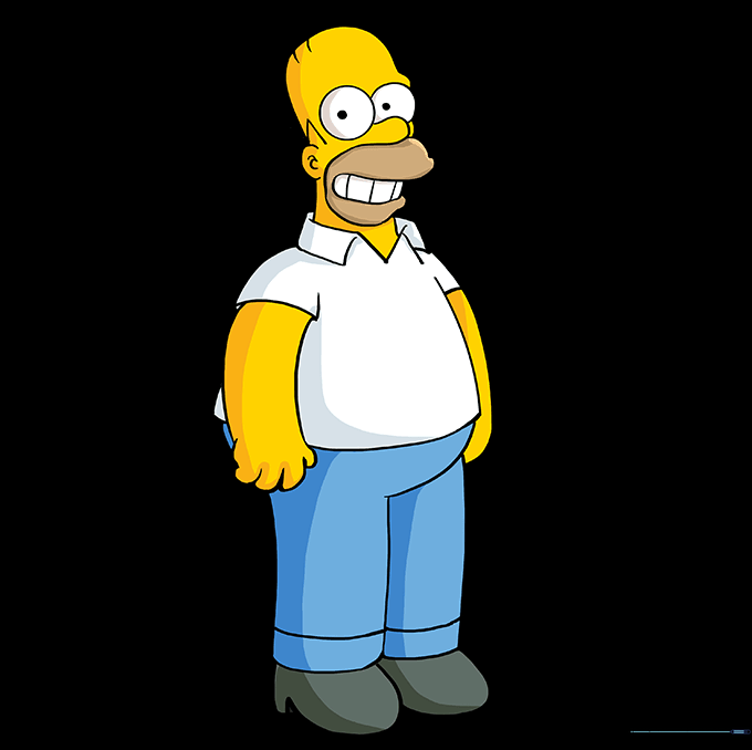 The final colored Homer Simpson drawing with yellow skin, white shirt, and blue pants.