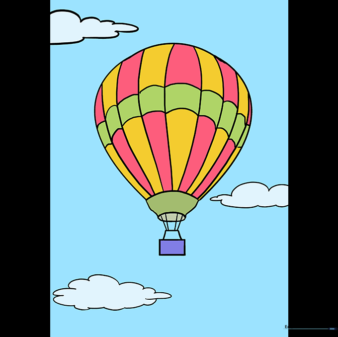 A finished, colorful hot air balloon drawing with vibrant stripes and a detailed basket.