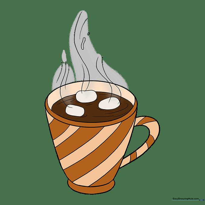 A fully colored and detailed drawing of a mug of hot chocolate with marshmallows.
