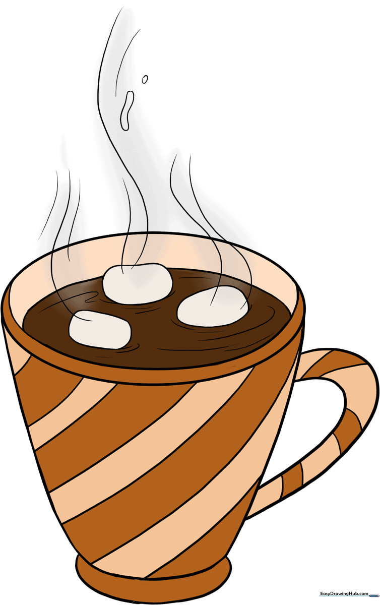 A vibrant, finished illustration of a steaming mug of hot chocolate with marshmallows, perfect for winter art projects.
