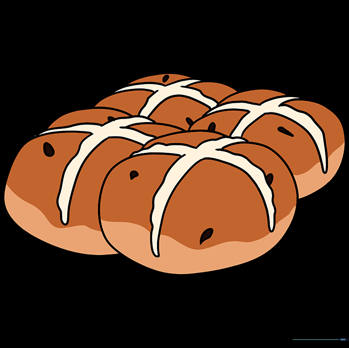 Finished colored drawing of four hot cross buns.