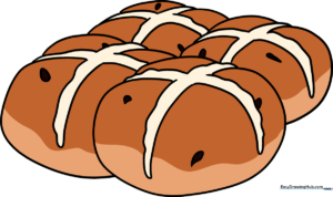 A colorful, finished illustration of four delicious hot cross buns.