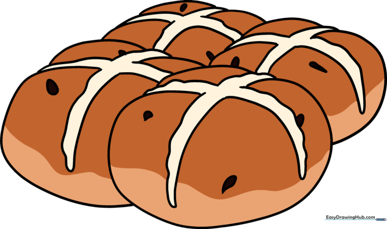 A colorful, finished illustration of four delicious hot cross buns.