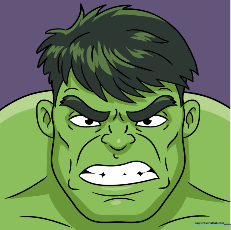 A colorful, finished drawing of the Incredible Hulk's face, showcasing his iconic green skin and angry expression.