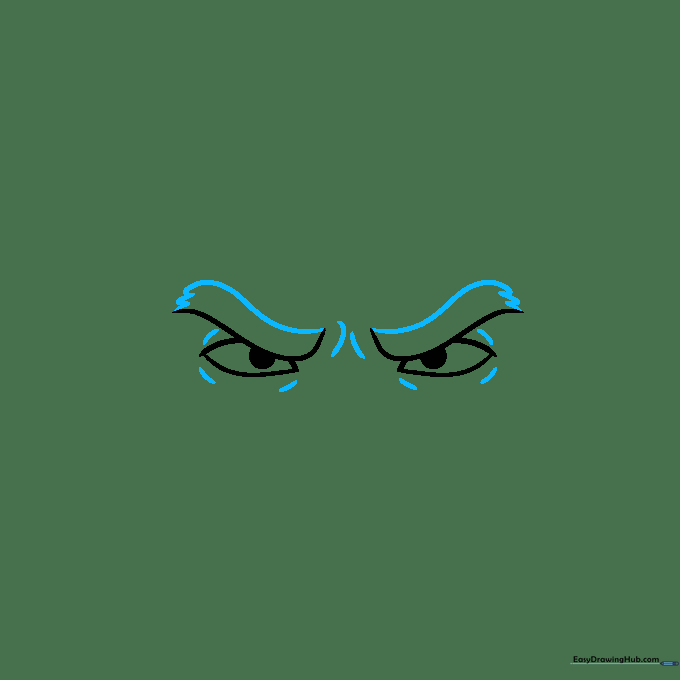Drawing the thick, bushy eyebrows above the Hulk's eyes with added skin contour lines.