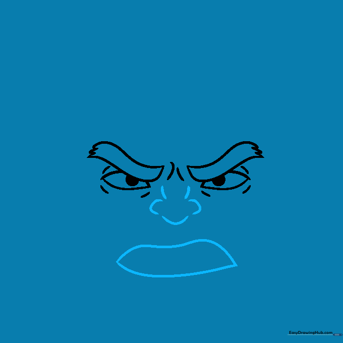 Adding the Hulk's wide, open mouth and flared nose structure to the face sketch.