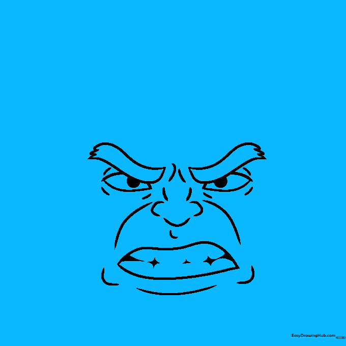 Outlining the Hulk's jawline and starting the jagged, messy hair pattern.