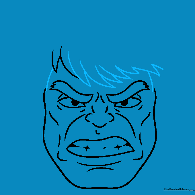 Completing the Hulk's hairline with jagged, overlapping pencil strokes.