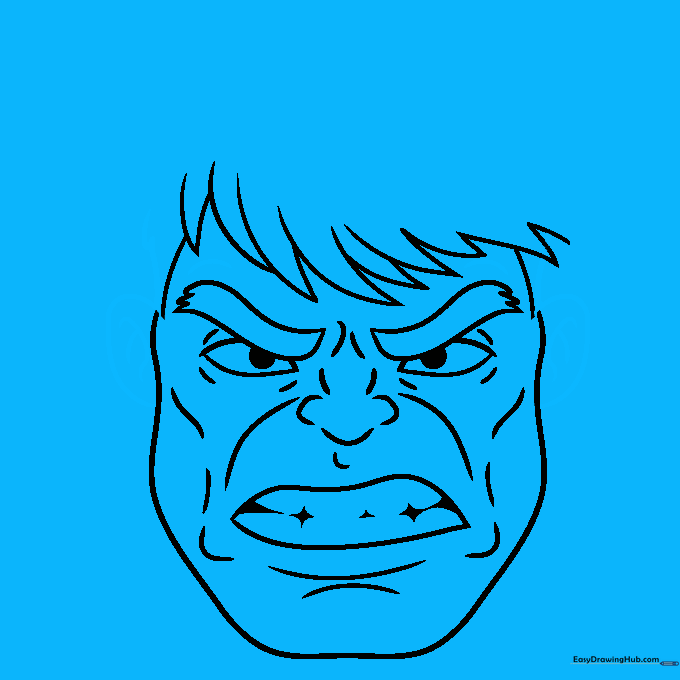 Adding small ears and brow-bone contours to the Hulk's face drawing.
