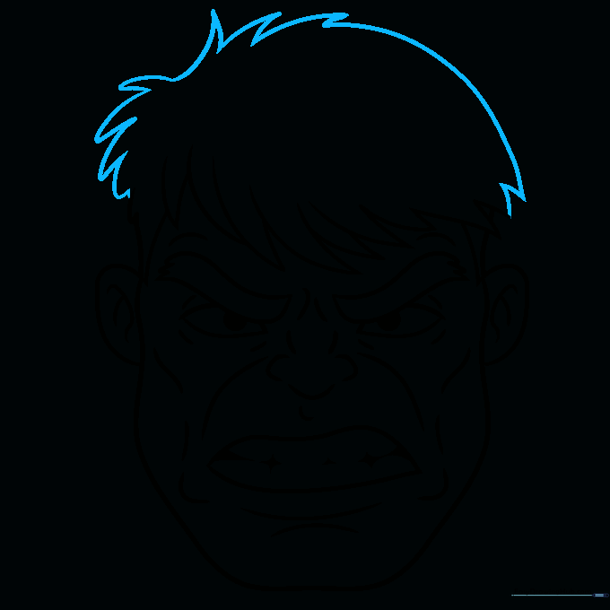 Finalizing the shape and texture of the Hulk's hair with jagged lines.