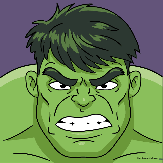 The finished Hulk drawing colored with green skin and black hair.