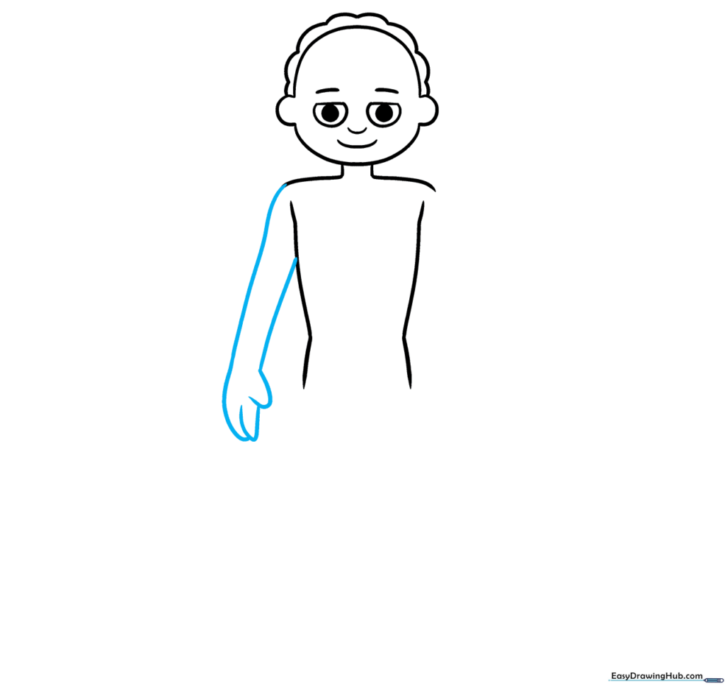 Drawing the first arm and hand with simple curved lines.