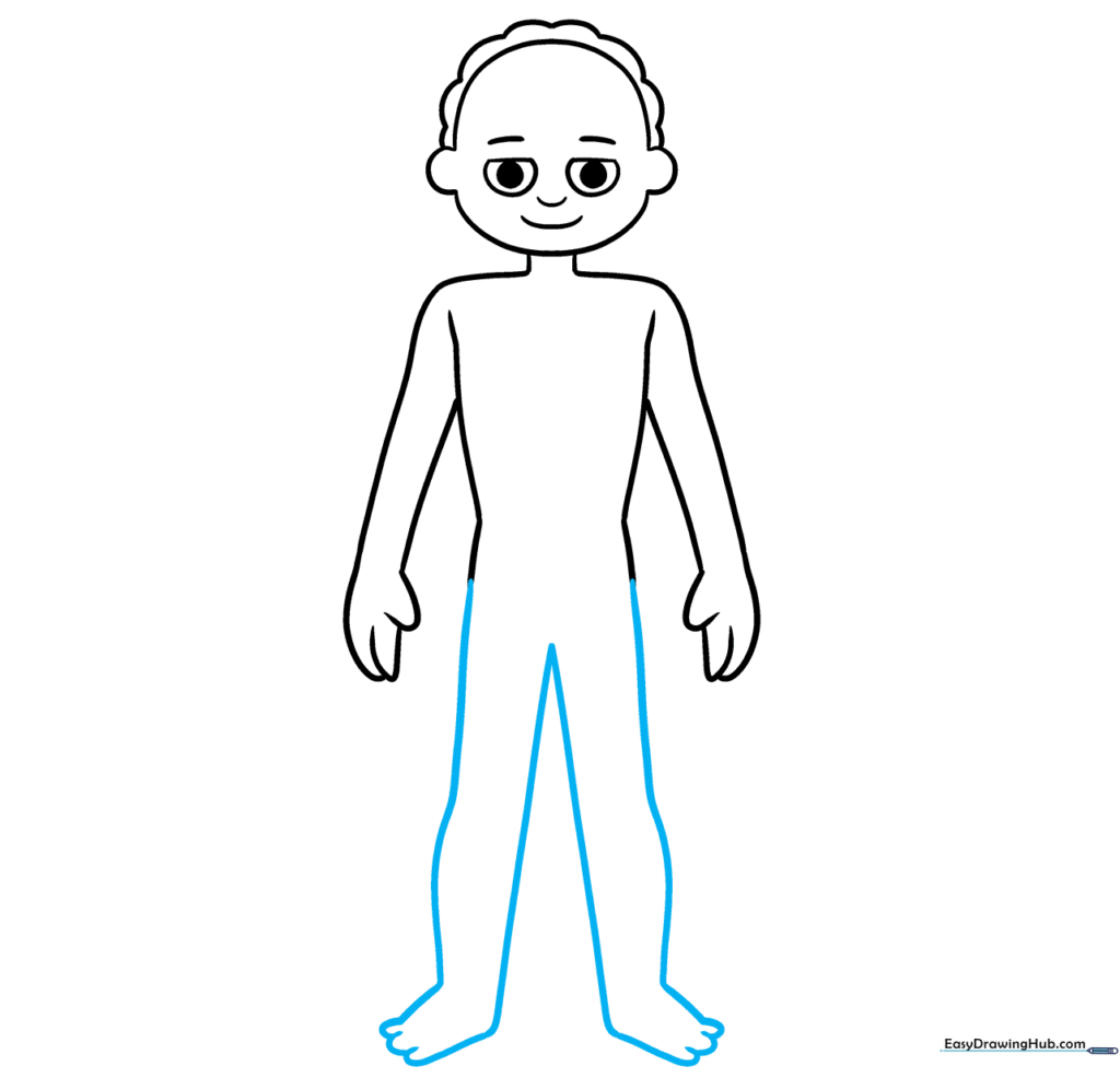 Drawing the legs and feet with simple lines for the anatomy figure.