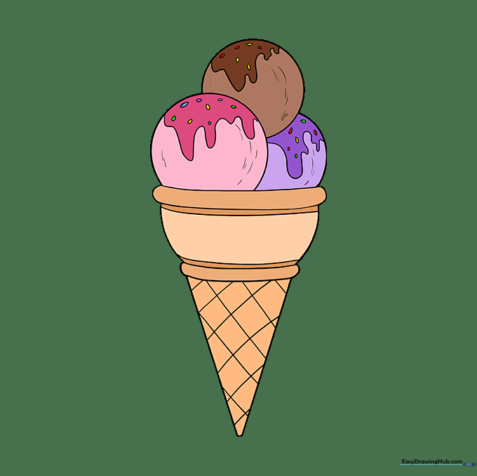 A finished, colorful drawing of a triple-scoop ice cream cone with sprinkles.