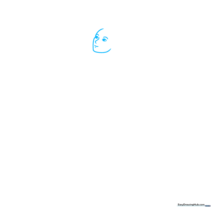 Close-up sketch of an ice skater's face showing eye and nose placement guidelines.