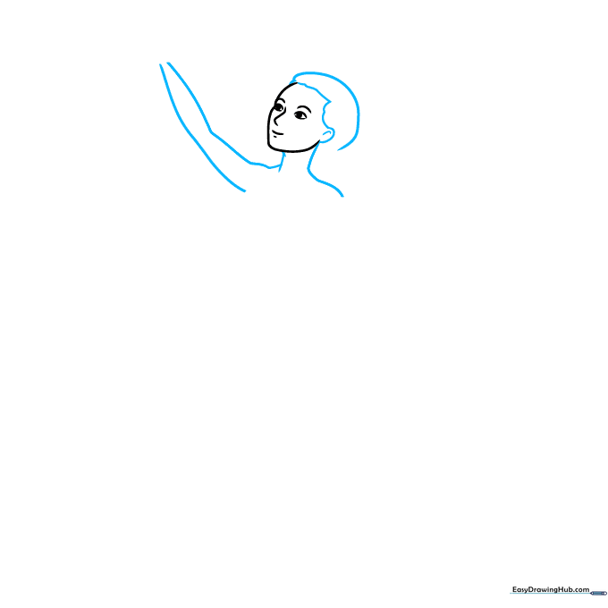 Drawing the neck and shoulder line of the ice skater character.