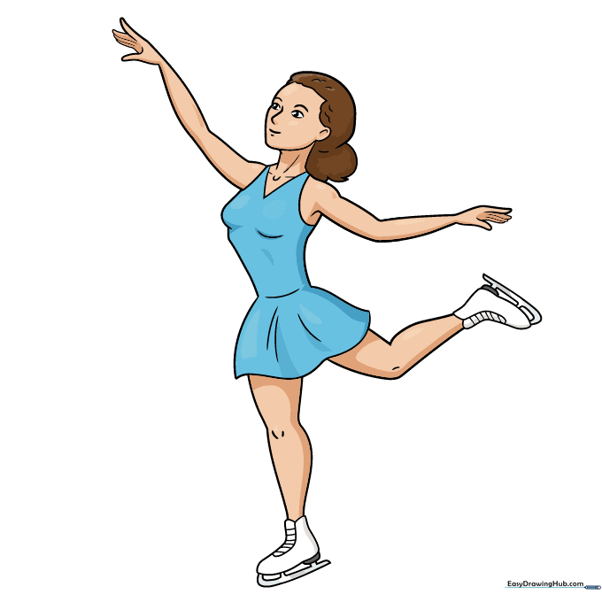The final colored ice skater drawing with vibrant dress and metallic skates.