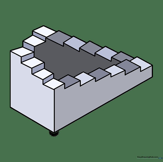 Completed impossible stairs drawing with shading applied for a 3D optical illusion effect.